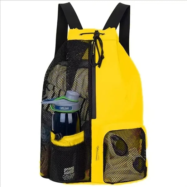 Drawstring Mesh Beach Backpack With Waterproof Pocket