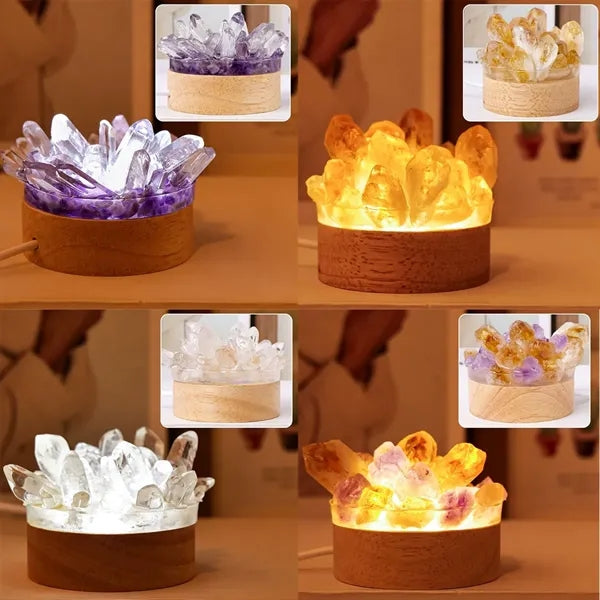 Natural Amethyst Crystal Wood Base Decorative Night Light