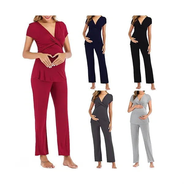 Postpartum V-Neck Pull-Aside Nursing Pajama Set Maternity