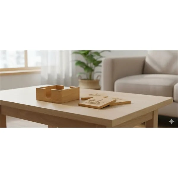 Engraved 4-Piece Bamboo Coaster Set with Holder