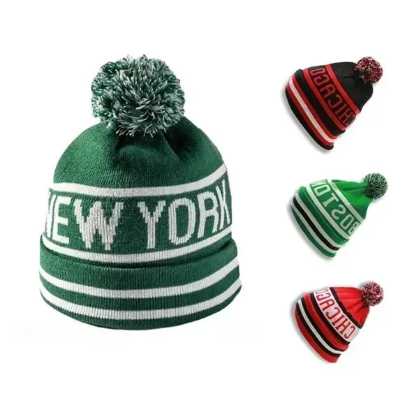 Winter Jacquard Knitted Beanie Hat With Pom