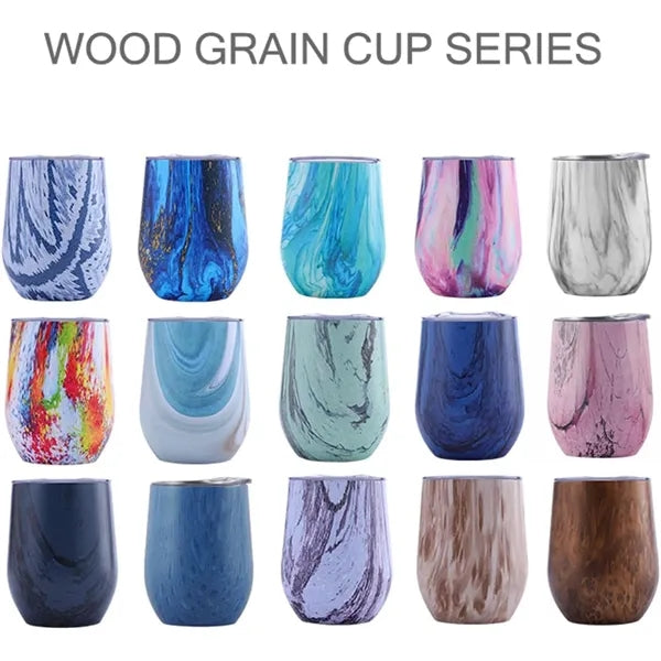 12oz Wood Grain Insulated Wine Tumbler Coffee Mug With Lid