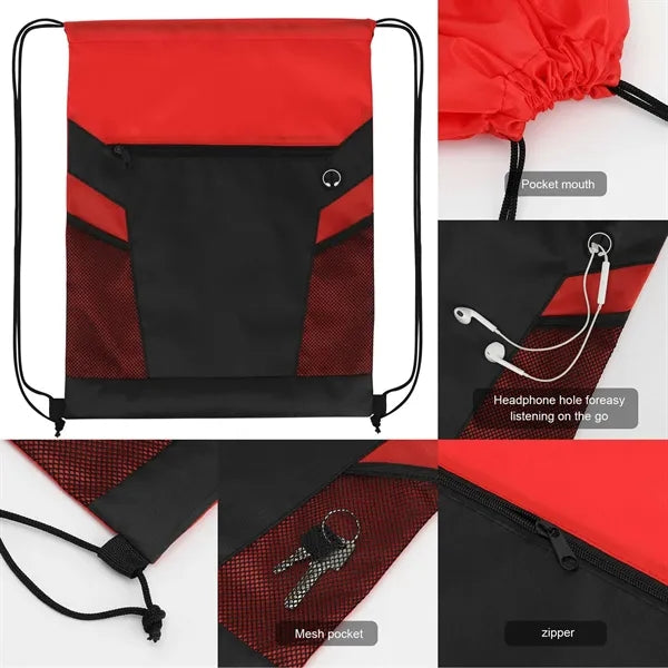 Zippered Drawstring Backpack With Mesh Pockets