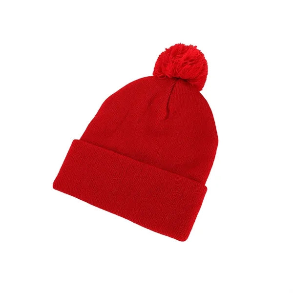 Acrylic Knit Beanie With Cuff And Pompom