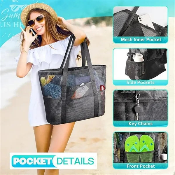 Large Mesh Beach Bag with Zipper Pocket for Vacation