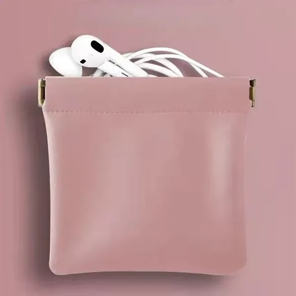 Mini Leather Money Snap Pouch Cable Jewelry Organizer Bag