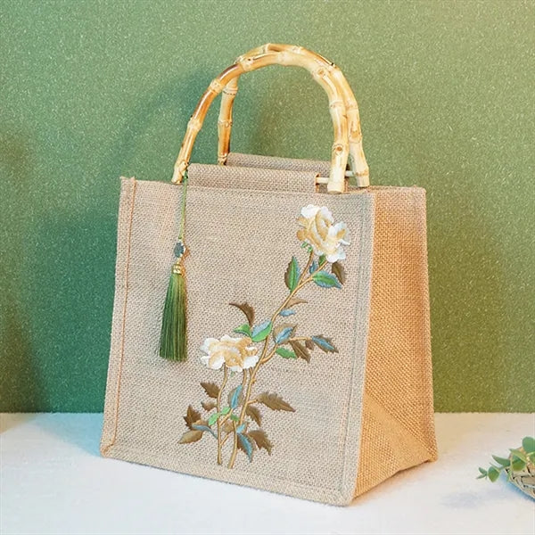 Bamboo-handled jute tote bag