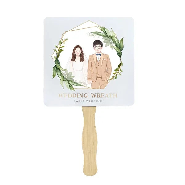 8" Square Shape Sandwich Hand Fans With Wooden Stick Handle