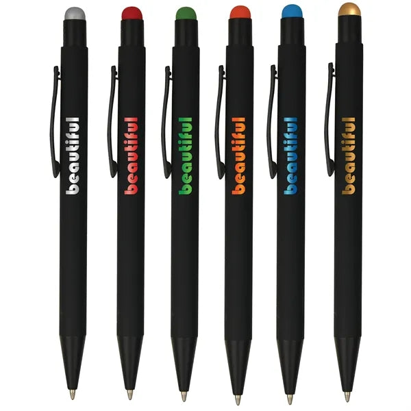 Soft Rubber Click Metal Ballpoint Pen w/Stylus & Chrome Logo