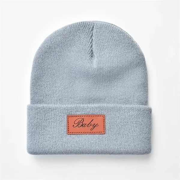 Knit Cuffed Beanie with Leather Patch