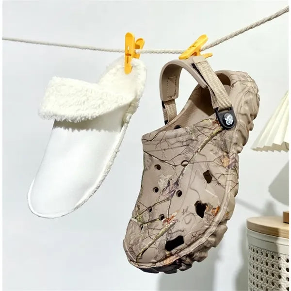 Fleece-lined EVA clogs, thick sole,washable lining, strap