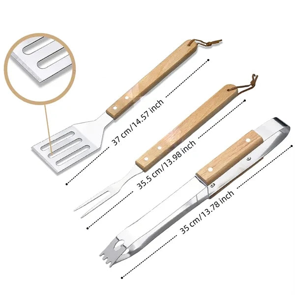 3-Piece Wood Handle Bbq Grill Tool Set