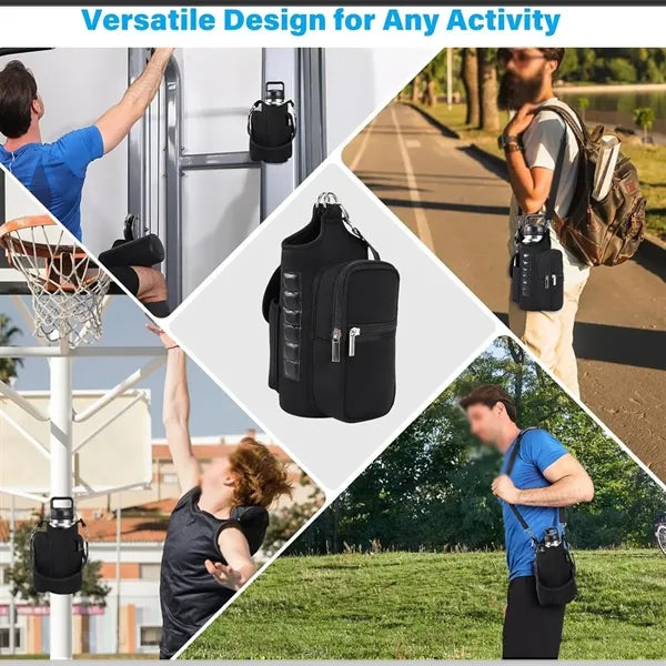 Magnetic gym bag bottle carrier holder with phone pocket