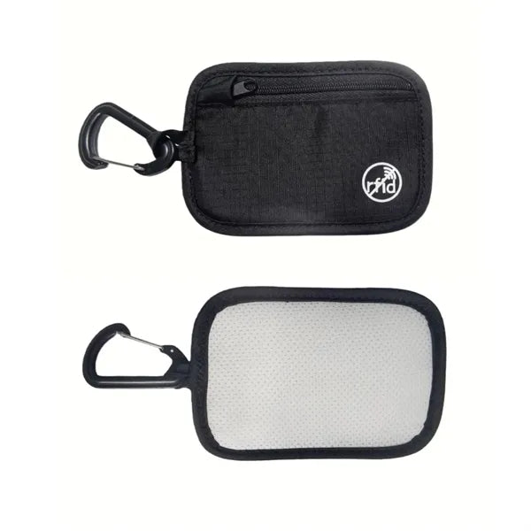 RFID Blocking Checkered Nylon Pouch with Carabiner Clip