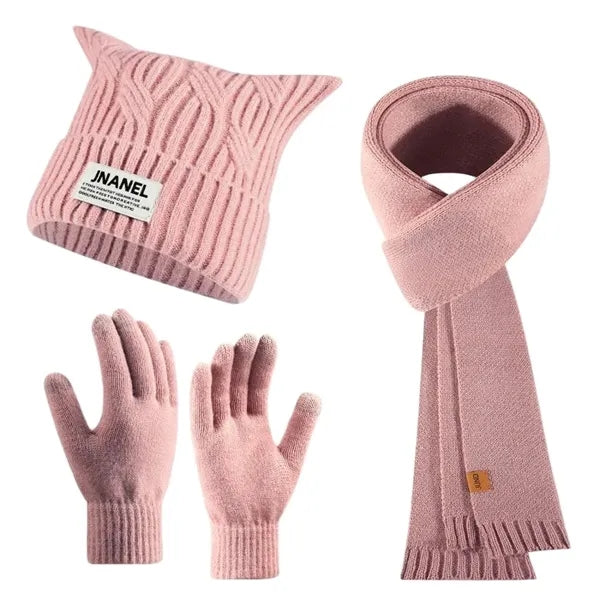3 In 1 Winter Warm Beanie Hat Scarf Touchscreen Gloves Set