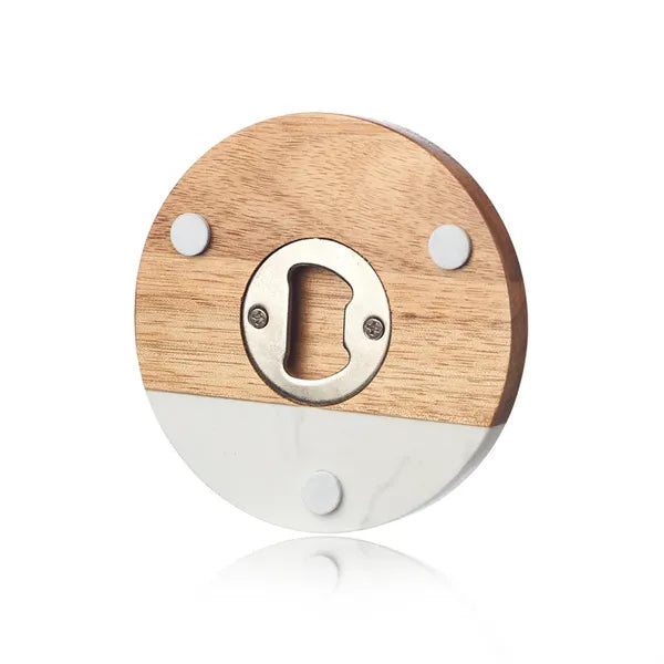 Round Marble and Wood Coaster with Bottle Opener