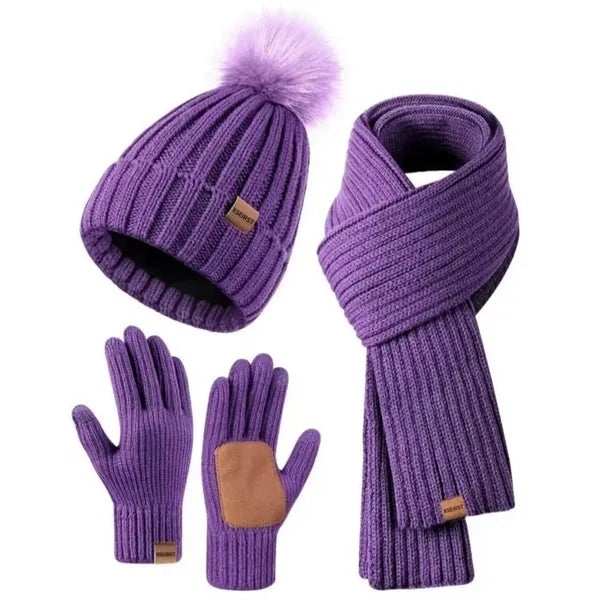 3 In 1 Winter Warm Beanie Hat Scarf Touchscreen Gloves Set