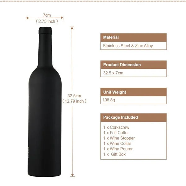 5 Piece Wine Tool Set In Bottle Shape Black Case