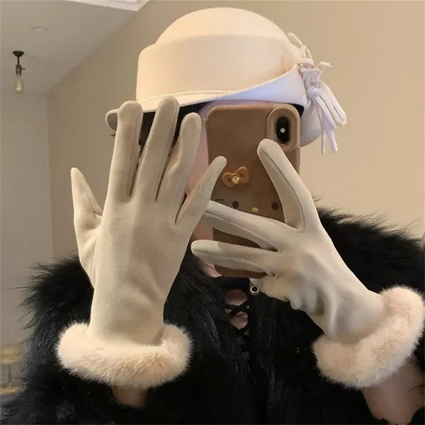 Winter Warm Gloves Faux Fur Cuff Touchscreen Compatible