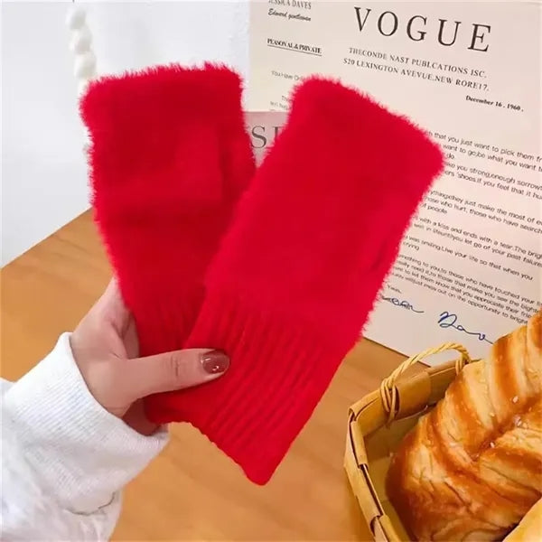 Women Faux Fur Fingerless Gloves Winter Warm Stylish