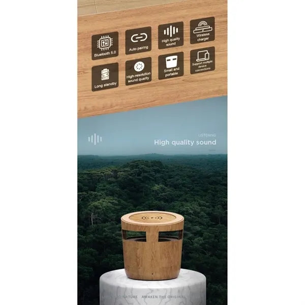 2 in 1 Wood Grain Wireless Charger with Bluetooth Speaker