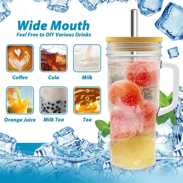 Glass Cups Bamboo Lids and Straws Tumbler with Handle