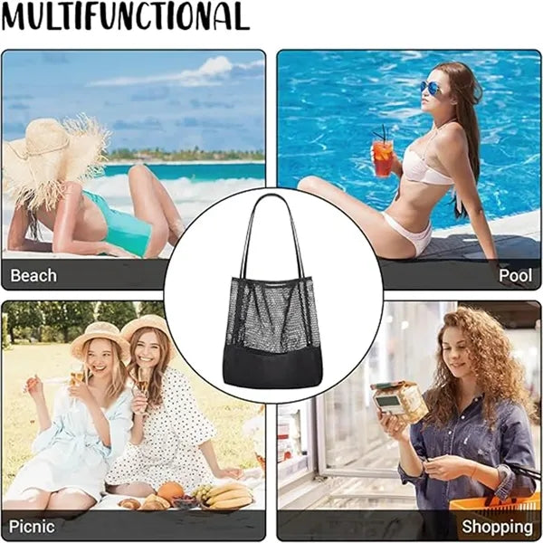 Mesh Bag Canvas Beach Tote Shoulder Handbag Foldable