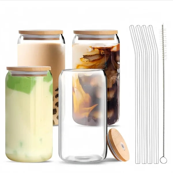 16 oz Drinking Glasses with Bamboo Lids and Glass Straw