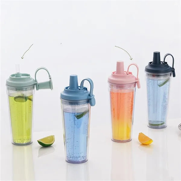Double Layer Plastic Straw Cup With Magnetic Handle