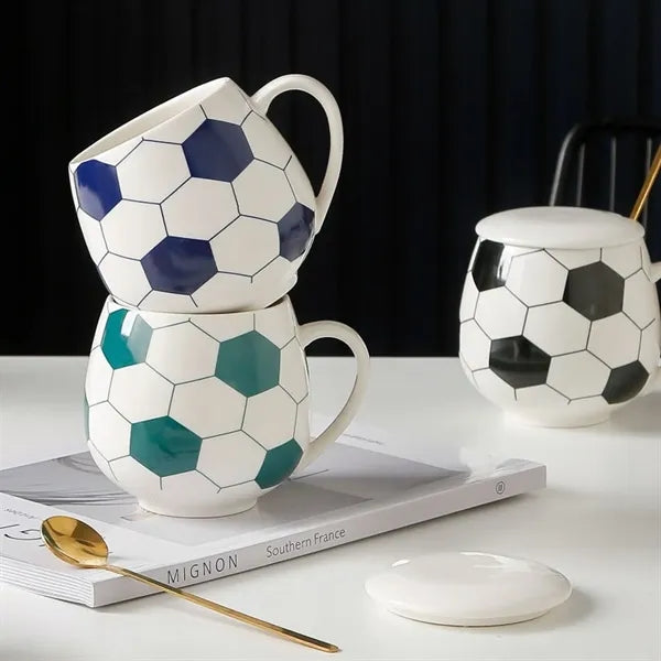 Soccer Shape Ceramic Coffee Tea Mug with Lid