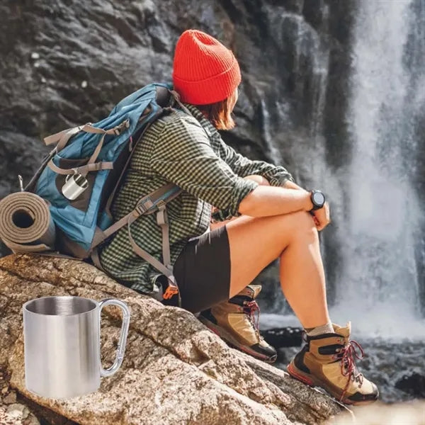 Stainless steel mug with carabiner handle for camping hiking