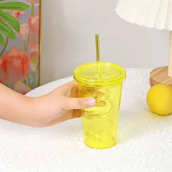 16 oz. Spiral Straw Plastic Cup with Lid and Custom Logo