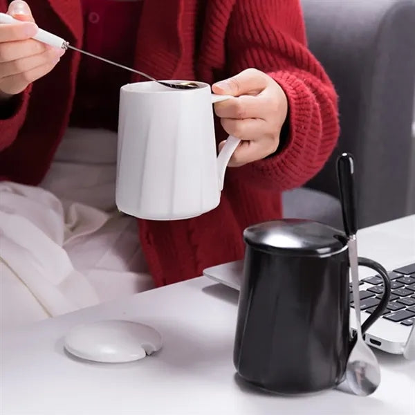 13oz. Ceramic Mug with Lid and Spoon for Office and Home