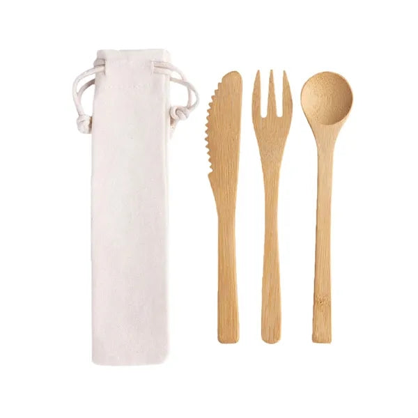 3 In 1 Bamboo Cutlery Set With Pouch