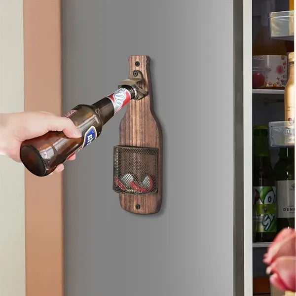 Vintage Wooden Wall Mounted Bottle Opener With Cap Catcher
