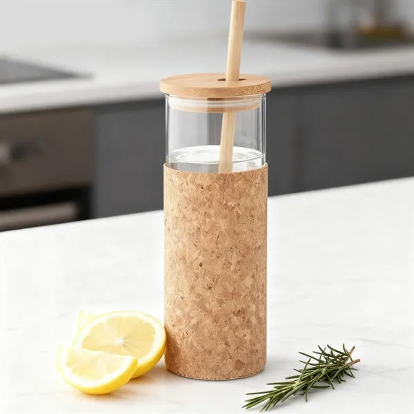 14 oz. Glass Tumbler with Cork Sleeve, Bamboo Lid & Straw