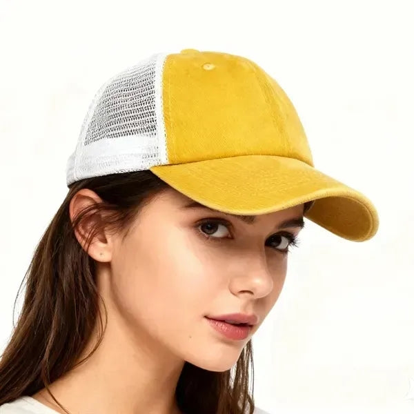 6 Panel Washed Cotton Trucker Hat W/ Mesh Back