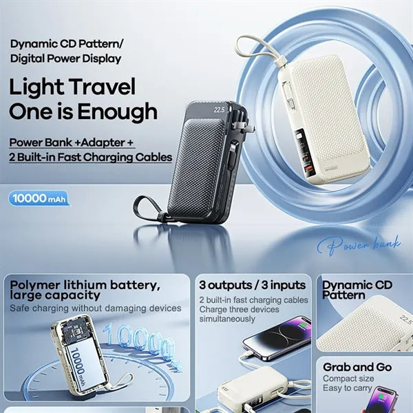 10000mAh Dual Fast Charge Travel Power Bank w/ Cables