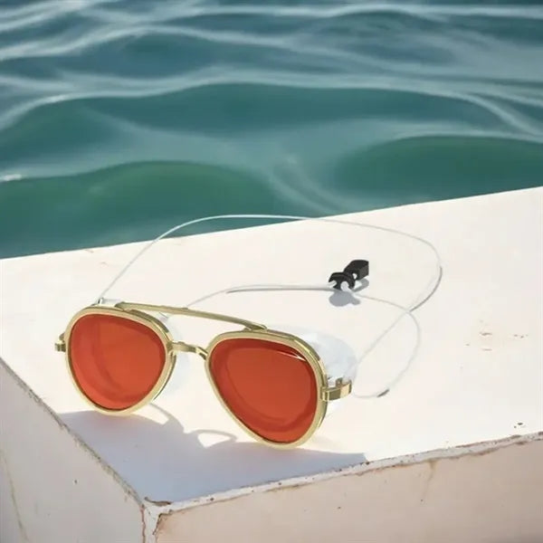 Retro Glacier Sunglasses W/ Side Shields & Secure Neck Cord