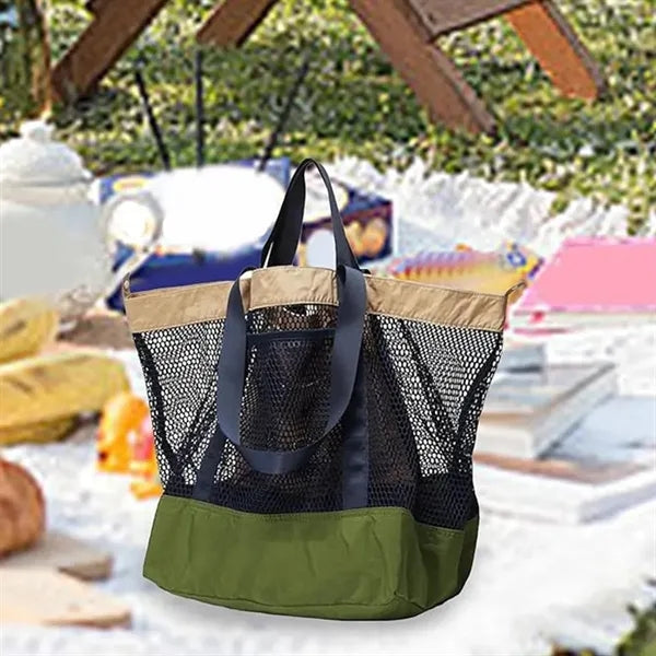 Large Reinforced Mesh Beach Tote Bag With Canvas Bottom