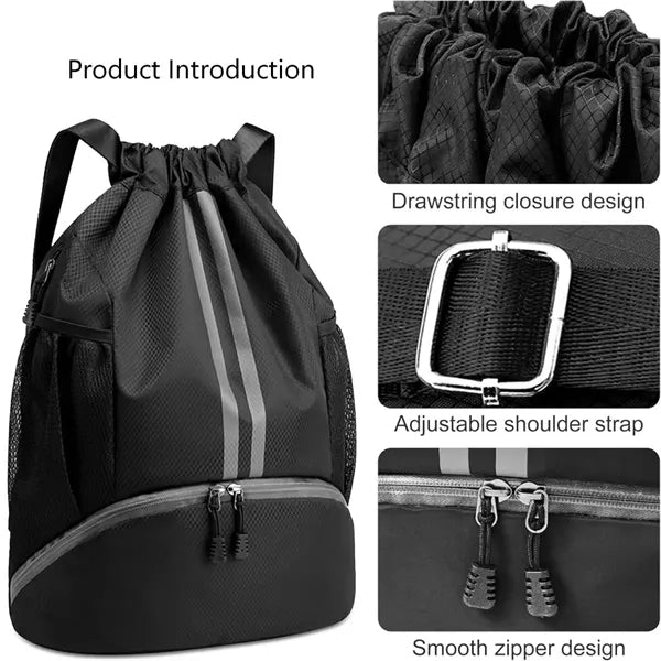 Drawstring sports bag featuring a waterproof pocket