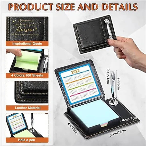 100 Sheets Sticky Note PU Leather Box Set w/Pen Holder