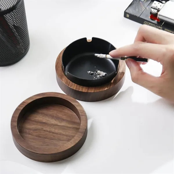Wooden Round Windproof Ashtray w/ Lid