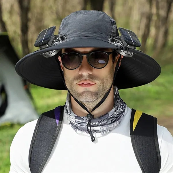 Wide Brim Waterproof Polyester Bucket Hat w/ Fans