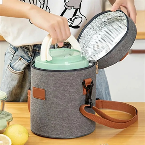 Cylindrical Grey Insulated Cooler Bag Leatherette Accents