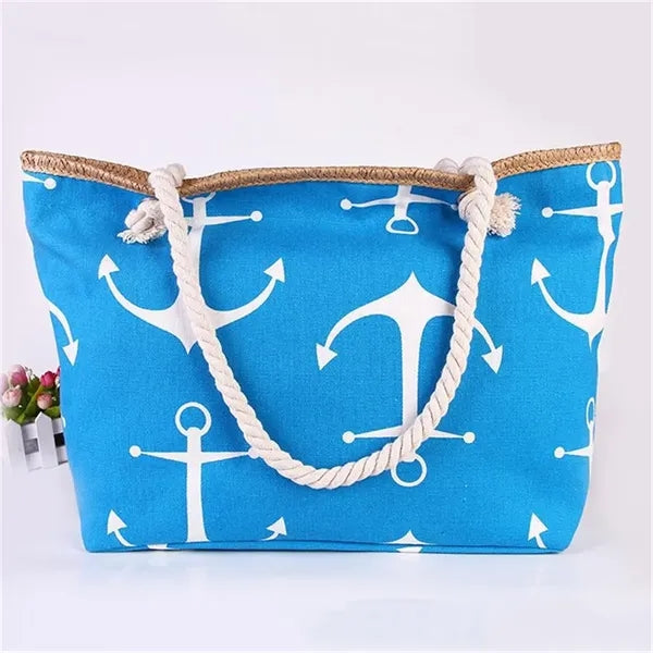 20in Nautical Stripe Rope Handle Canvas Beach Tote