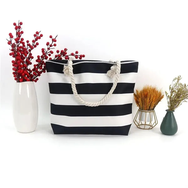 17in Striped Rope Handle Waterproof Large Tote Bag