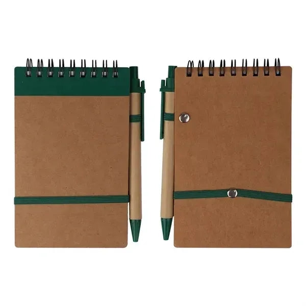 5.5" Kraft Paper Mini Pocket Spiral Notebook W/ Pen