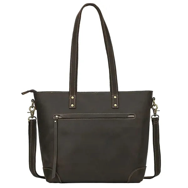 Crazy Horse Leather Crossbody Tote Bag with Outside Pockets