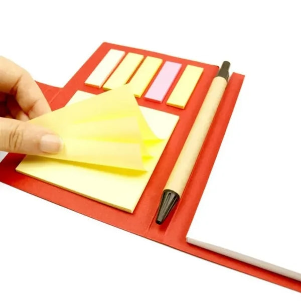 Notebook with pen and sticky notes